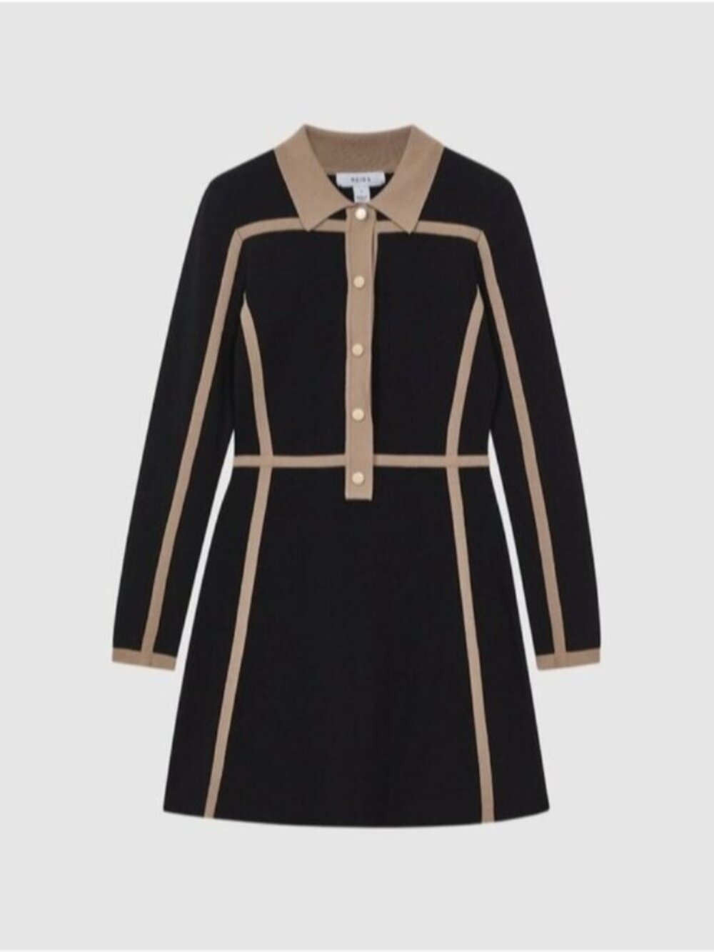 REISS-NikkiContrast Trim Press-Stud Mini Dress in Black/Camel